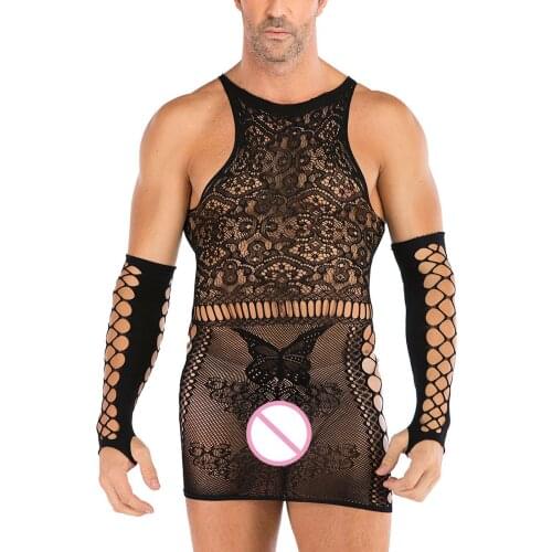 Sissy Gay Men Sexy Fashion Sleepwear Hollow Out Dress Oversized Bag Hip Skirt Lace Mesh Dress Suit Perspective Bodysuit костюм