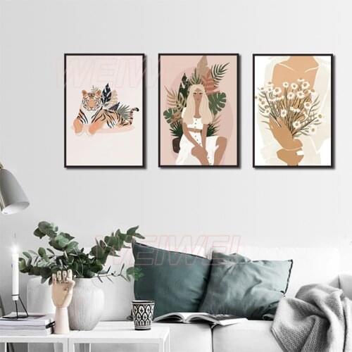 Nordic Poster Tiger and Yellow Girl Wall Art Canvas Painting and High-Definition Prints Wall Pictures Childrens Room Bedroom