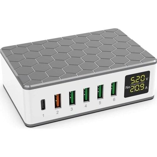 Multiple Port USB Charging Station Charger with 20W PD 2.0 Type-C USB Charger+QC3.0 Fast Charger,6-Port Charger,EU Plug
