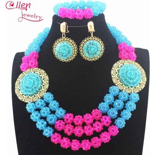 New Nigerian Wedding Fuschia Pink/Sky Blue Beads Jewelry Sets African Ball Beads Jewelry Sets Crystal Beads Necklace Sets W13481