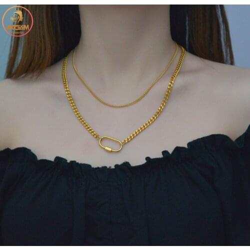 Akizoom Charm Oval Double Layer Necklace Stainless Steel Necklace for Women Thick Chain Pendant Jewelry Birthday Friend Gift