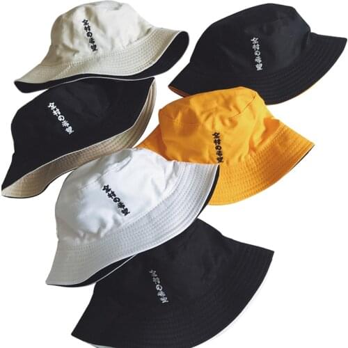 Harajuku Double Sided Wear Finger Something Embroidery Panama Bucket Hat Men Women Summer Bucket Cap Hip Hop Hat Fisherman Hat