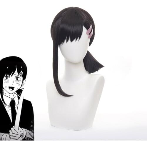 Chainsaw Man Higashiyama Kobeni Black Cosplay Wig Heat Resistant Fiber Hair with Hairpins + Wig Cap Halloween Party Role Play