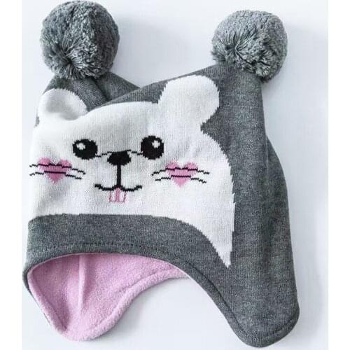 Ash Baby Hamster Hat Cotton Embroidery Crochet Baby Beanies Kids Fall Winter Warm Baby Cap Handmade Knit Windproof Earmuffs Cap