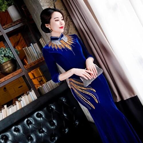 Cheongsam for Chinese Style Dress New Style Handmade Beaded Cheongsam Bride Mother Dress Long Mermaid Dresses