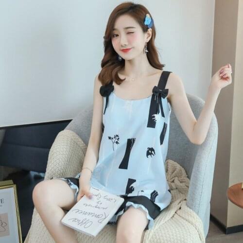 With Chest Pad Chiffon Pajamas Womens Summer Thin Section Camisole Two-Piece Set Students Cute Cartoon Korean-style GIRLS Home