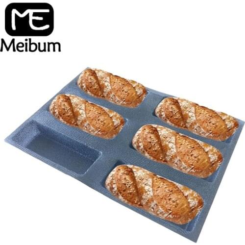 Meibum 6 Cavity Long Loaf Glass Fiber Silicone Bread Baking Mold Non Stick Bake Tray Hot Dog Baguette Eclair Porous Mould