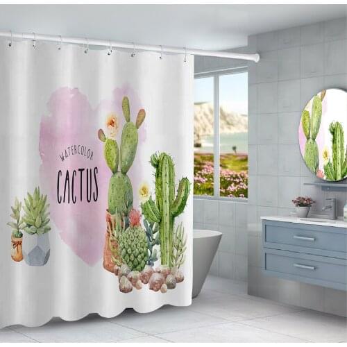 Tropical Green Plant Leaf Palm Cactus Shower Curtains Bathroom Curtain Frabic Waterproof Polyester Bathroom Curtain with 12 Hook