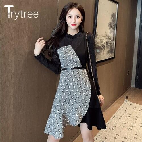 Trytree 2020 Spring Autumn Casual Womens Dress O-Neck Shinny Voile Patchwork Peach heart Ruffles Hem Belt A-line Fashion Dress