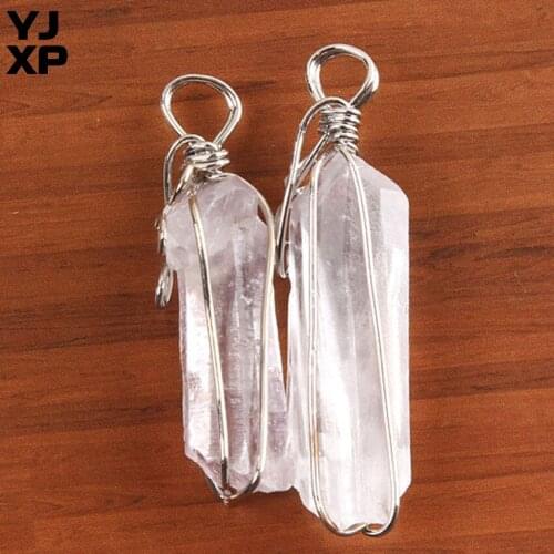 YJXP Irregular Unique Natural White Crystal Column Wire Wrapped Reiki Healing Clear Quartz Pendant Women Charm Jewelry 1Pcs
