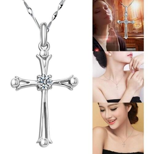 2021 New Female Cross Pendants Necklaces Women Silver Color Chain Choker Ladaies Christian Prayer Chain Crystal Collares Jewelry