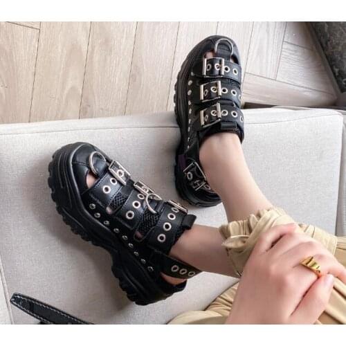 Girls Black Nude Mesh Rivets Round Toe Cuts Out Buckles Thick Sole Sandals Woman 5 CM Heels Slingback Casual Sandals Shoes