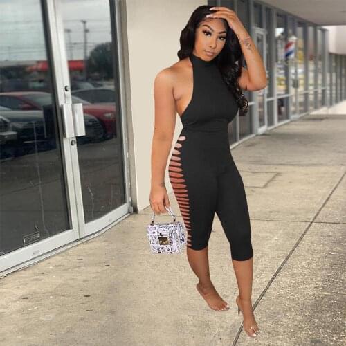 Females Backless Sleeveless Skinny Rompers Capri Pants Sexy Halter Neck Bodycon Fit Bodysuits Side Hollow Out Casual Jumpsuits
