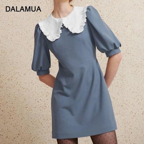 Women Mini Dress 2021 Autumn Half Sleeve Peter Pan Collar High Waist Office Lady Sweet Elegant Solid Fashion Robe Female Dresses