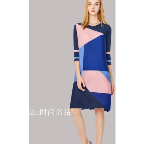 Issey Miyake Pleated print dress three-quarter sleeves loose plus size womens clothing 2021 autumn new casual a-line skirt
