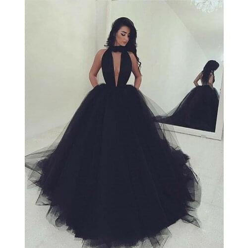 Womens A-Line Halter Long Tulle Black Deep V-Neck Prom Dresses Robe De Soiree Floor Length Corset Back Formal Party Dresses