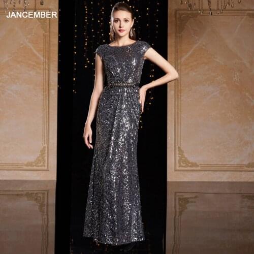 J9067 jancember prom dresses girls o-neck floor length sequin beads sashes silver grey evening dress abendkleider lange kristall