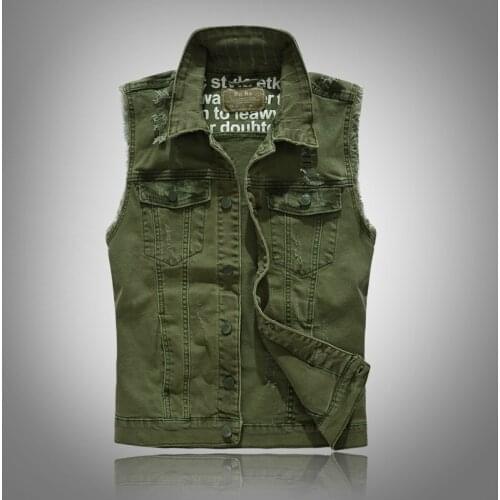 New vests 2020 Slim Fit Cowboy Male Jacket Vest Ripped Denim Vest Mens Jacket Sleeveless Casual Waistcoat Mens Jean Coat Green