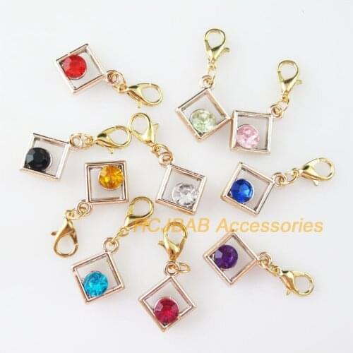 10 New Square Charms With Lobster Claw Clasps KC Gold Plated Retro Mixed Crystal 15x18mm