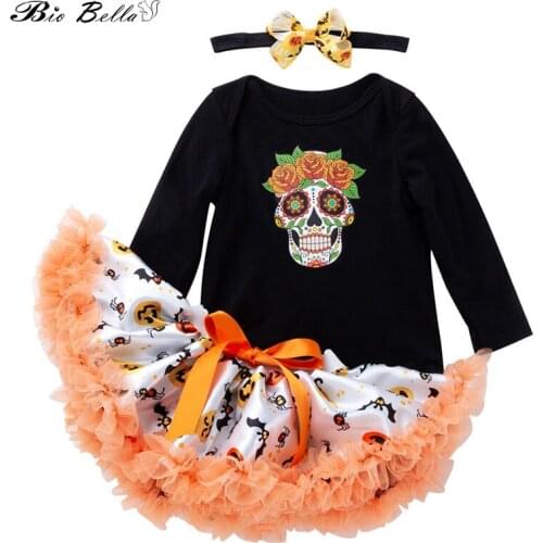 0-24Months Toddler Baby Girls Halloween Outfits Newborn Skull Print Long Sleeves Romper+Ruffled Tutu Skirt+Hairband 3pcs Sets