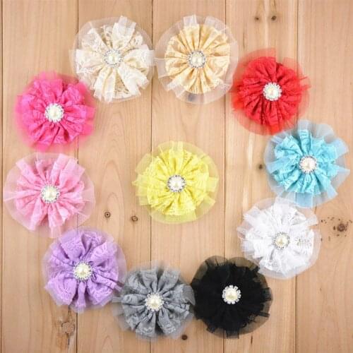 30 pcs/lot , 3.5" Lace and Tulle Flower with 20mm Pearl Rhinestone Center
