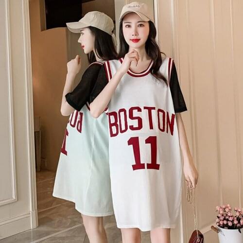 48196# Maternity Clothes Summer Cotton Letter Printing Short Sleeve Loose Stylish Dress for Pregnant Women Mom Dress