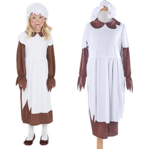 Kids Colonial Pilgrim Costume Poor Victorian Girl Fancy Dress Street Urchin Costume Oliver Twist Cook Maid Costume for Child