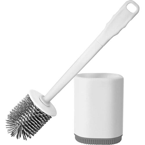 Toilet Brush and Holder, Silicone Toilet Brush Holder Set with No-Slip Long Plastic Handle, Toilet Cleaning Brush