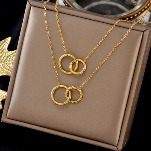 316L stainless steel colorless interlocking temperament necklace light luxury niche design ladies double ring clavicle chain