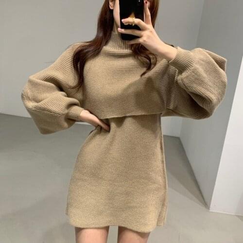 Matakawa Two Piece Set Korean Vintage Elegant Turtleneck Lantern Sleeve Shawl Sweater+slim Fit Knitted Sweater Dress Women Sets