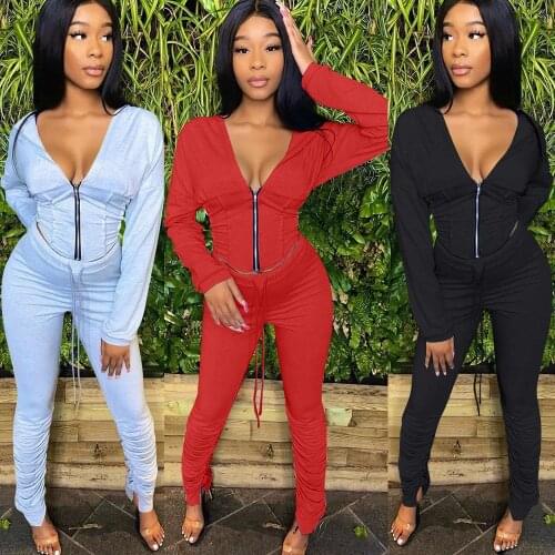 Two Piece Set Hooded Sexy Deep V Neck Tracksuit Women Jacket Sweat Suit Female 2 Pcs Lounge Sweatpants Stacked Pants Plus Size
