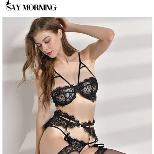 SAY MORNING Sexy Lingerie Underwear Set Hollow Out Transparent Bra Womens Underwear 3 Piece Set See Through Erotic Lingerie Set
