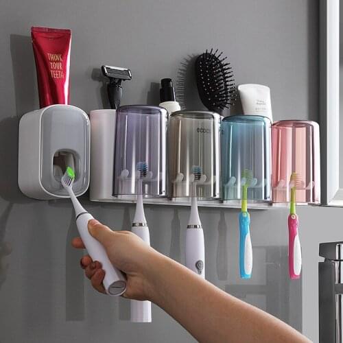 Magnetic Adsorption Inverted Toothbrush Holder Double Automatic Toothpaste Squeezer Dispenser Storage Rack Bathroom Accessories