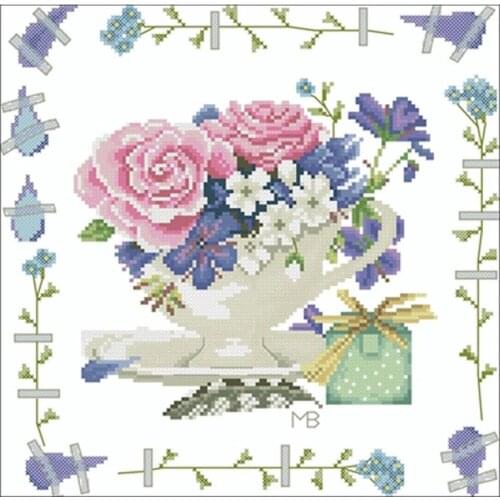 Pink roses in a teacup patterns Counted Cross Stitch 11CT 14CT 18CT DIY Cross Stitch Kits Embroidery Needlework Sets home decor