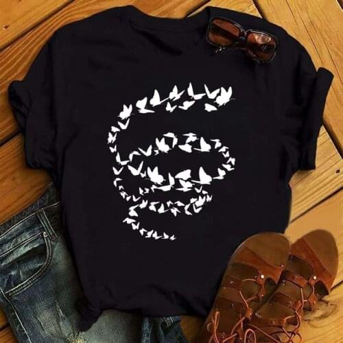 New Vogue Butterfly Print Women Tshirts Fashion Round Neck Ladies Tops Tees Loose Harajuku White T Shirt Korean Style Clothing