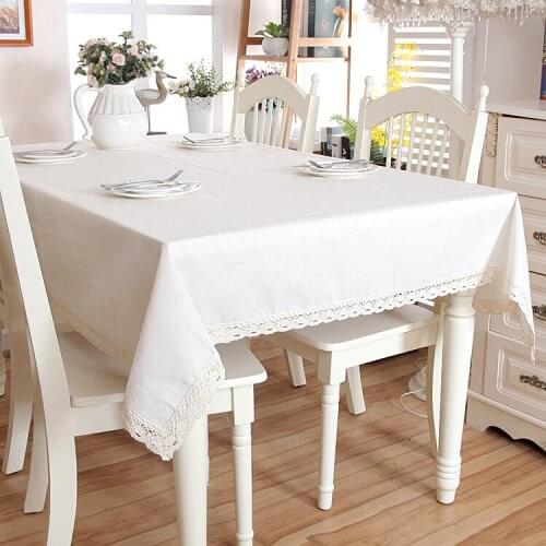 Solid White Color Decorative Polyester Linen With Lace Thick Rectangular Wedding Dining Banquet Tea Table Cloth Tablecloth
