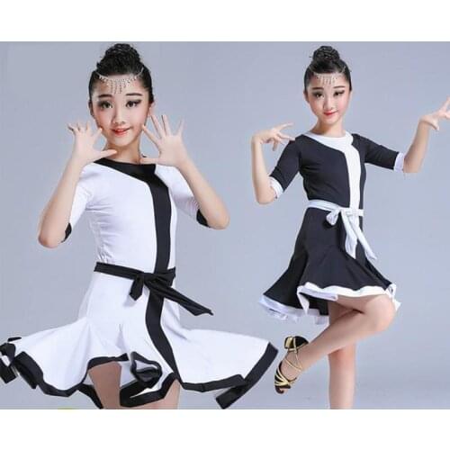 Girls Latin Dress Middle Sleeve Rumba/samba/tango Standard Stage Practice Black/white Latin Dresses For Ballroom Dance Dress