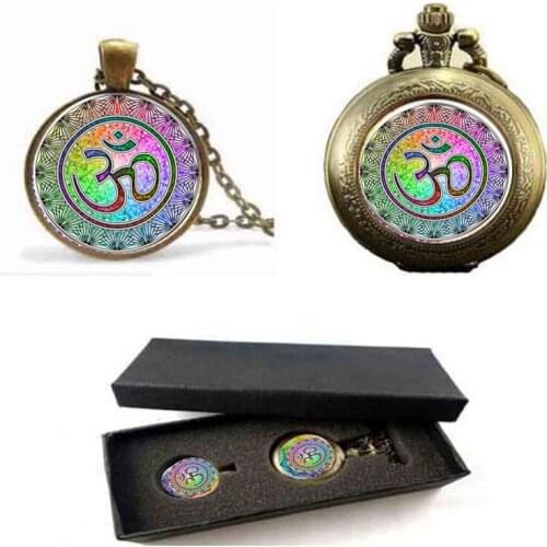 Sale Rainbow Yoga OM Pendant Necklace Pocket Watch With Free Box Round Ethnic steel Plated Colorful Murano Glass Jewelry 2017