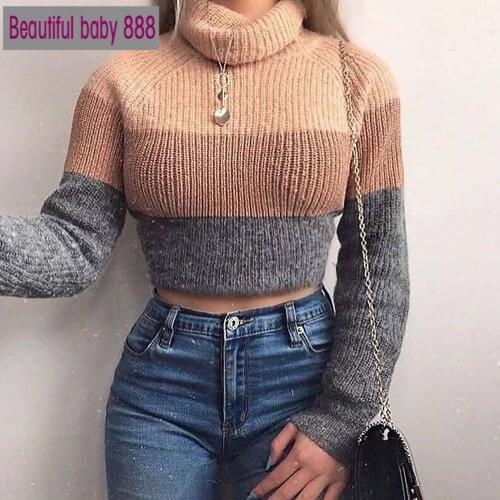 Meqeiss New Fall Fashion Womens Turtlenecks Sweaters Striped Long Sleeve Knitted Pullovers Females Jumpers Cropped Sweaters