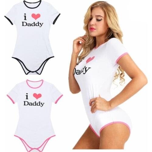 Women Adult Sexy Cosplay Bodysuit I Love Daddy Printed Short Sleeve Snap Crotch Cotton Romper Jumpsuit Bodysuit for Diaper Lover