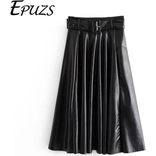 Vintage Sashes Black Pleated Skirt Women Fashion Slim Elegant High Waist PU Skirt Lady Casual Loose Chic Skirt