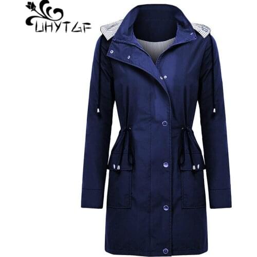 UHYTGF Autumn Winter trench coat women Waterproof windproof Hooded Windbreaker outerwear casual slim womens Plus size coats 187