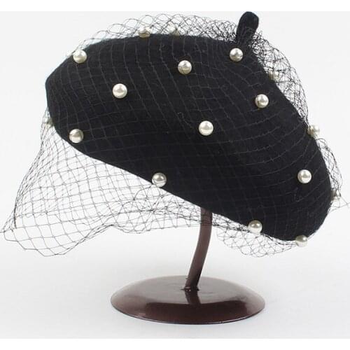 Anself New Fashion Women Autumn Winter Berets Hats Beading Mesh Solid Color Round Crown Painter Hat Beanie Cap Headwear