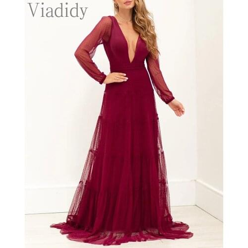 Women Elegant Deep V-Neck Lace Mesh Patchwork Layered Maxi Dress Solid Color Waist Slim Long Sleeve Party Dress
