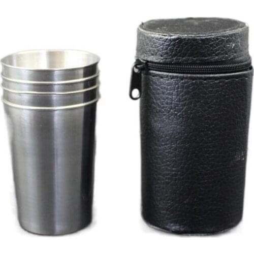 4Pcs/Set 70Ml Stainless Steel Coffee Cup Portable Coffee Wine Cup Outdoor Camping Travel Mug Cup Set with Leather Case
