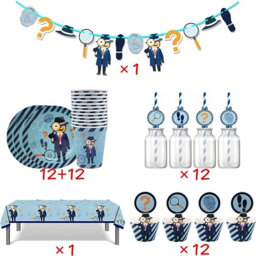 62pcs For 12 Kid Boys Detective Secret Agent Spy Theme Birthday Party Supplies Tableware Set Plate Glass Straw Banner Tablecloth