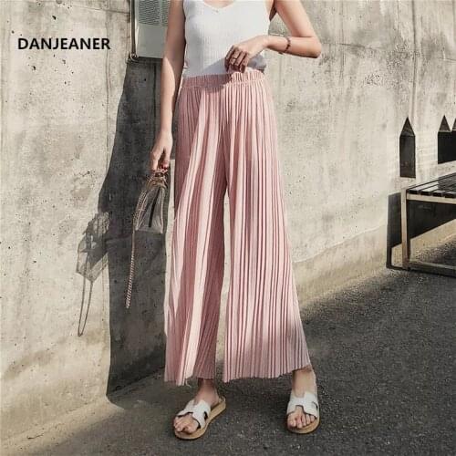 DANJEANER 2019 Summer Pants High Waist Pleated Wide Leg Pants Women Solid Loose Casual Palazzo Pant Ladies Ankle Length Trousers