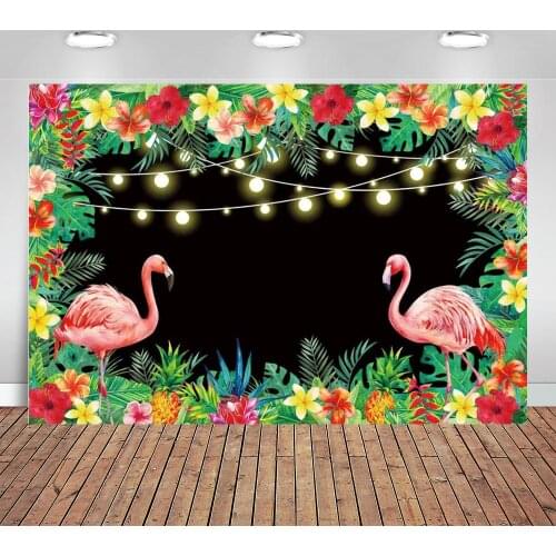 Flamingo Backdrop Tropical Nights Summer Hawaiian Floral Palm Black Photography Background Aloha Luau Party Flowers Leaves