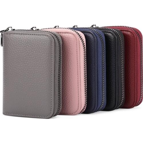 Genuine Leather ID Card Holder Fashion Candy Color Thick Zipper Card Wallet Business Bank Credit Card bag