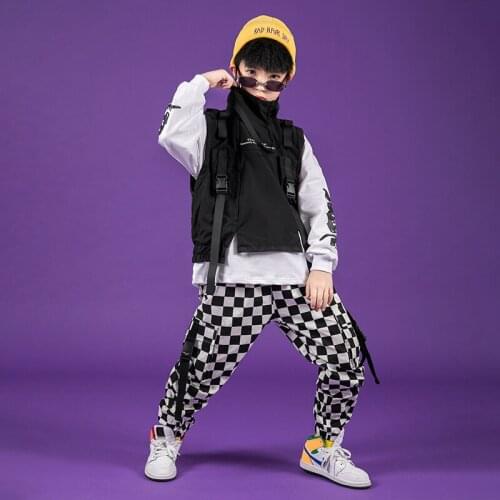 Kids Hip Hop Clothing Sweatshirt Top Sleeveless Jacket Vest Tactical Plaid Pants Girls Boy Jazz Dance Costume Street Wear Outfit